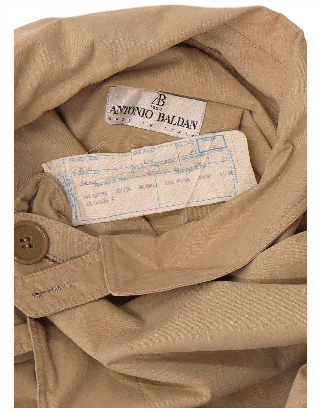 Antonio Baldan Mens Overcoat IT 52 XL Beige Cotton