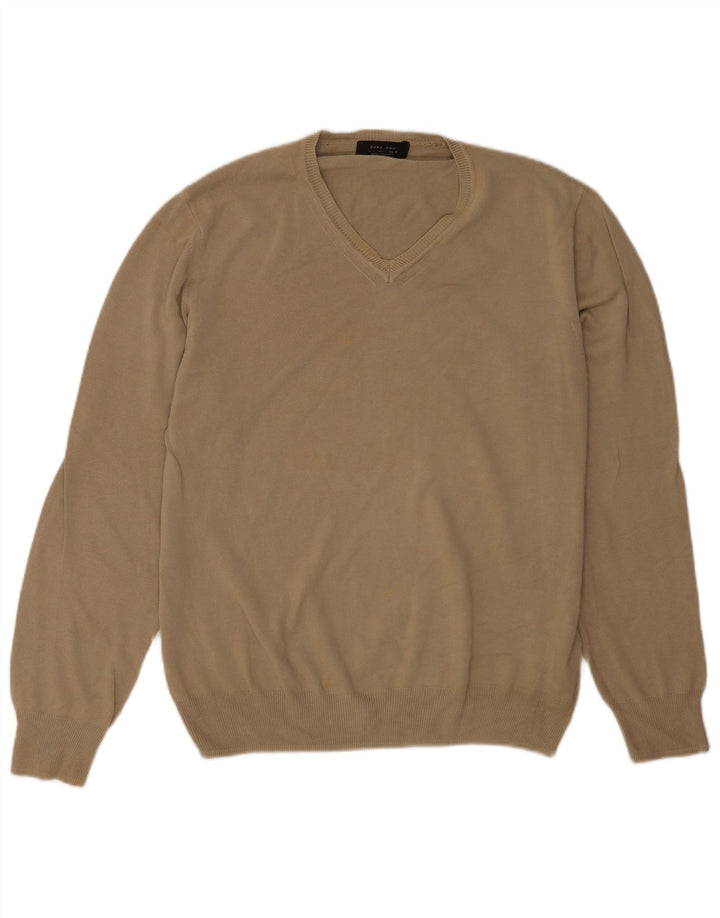 Zara Mens V-Neck Jumper Sweater Large Brown Cotton