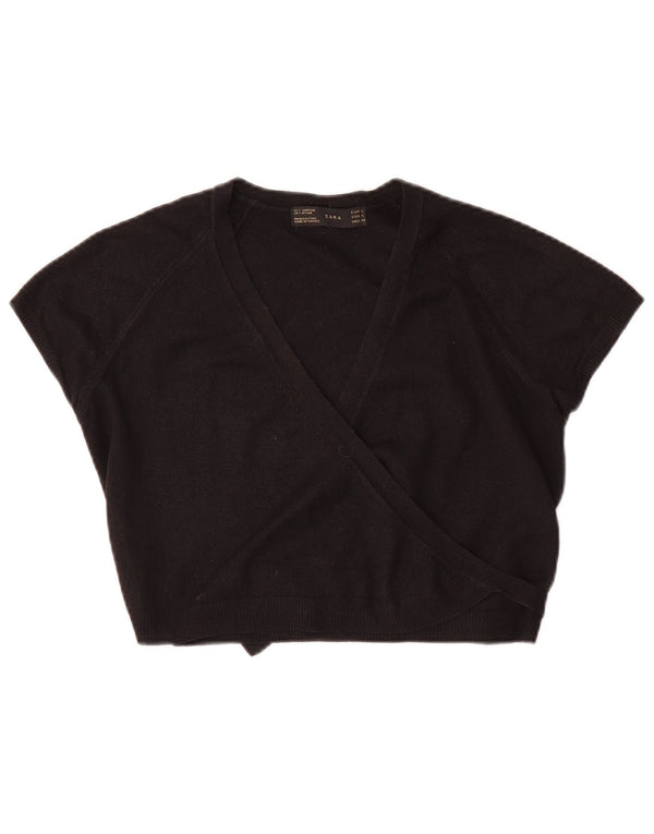 Zara Womens Crop Wrap Bluse Top UK 14 Large Black Acryl