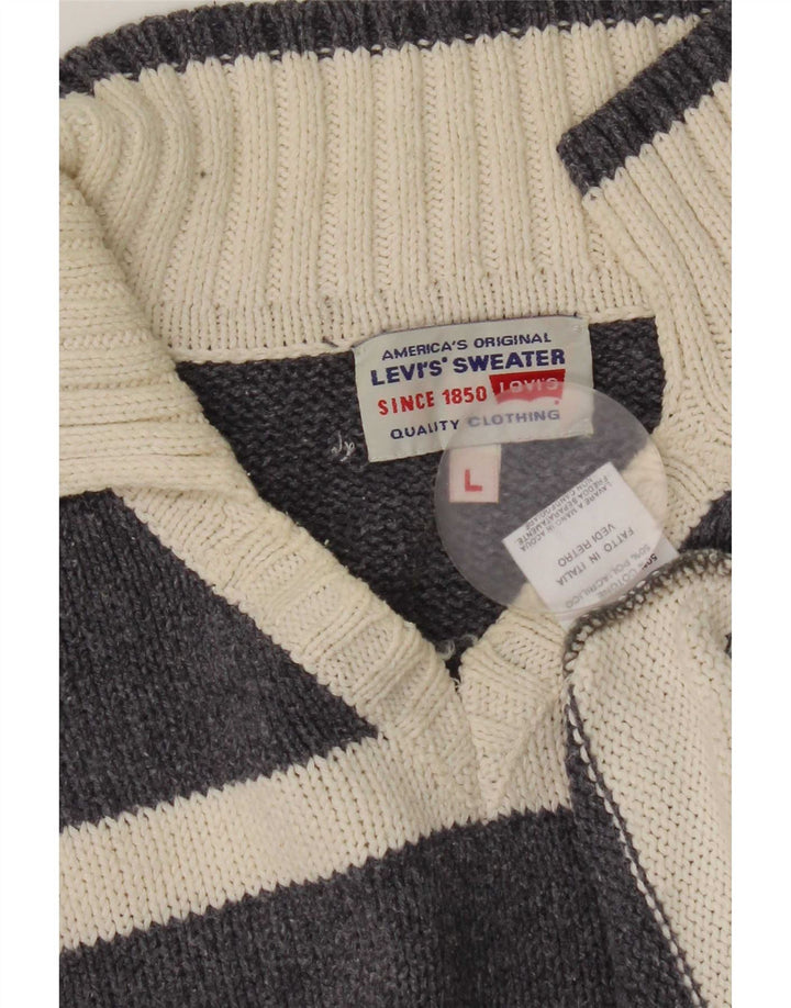 Levi's Mens Polo Neck Jumper Sweater Large Grey Striped Cotton