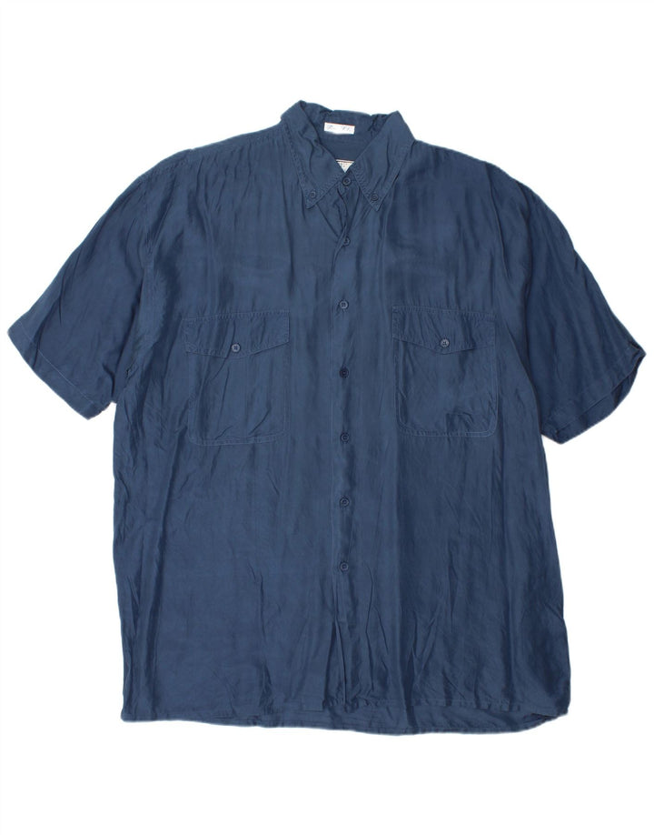 BRUGI Mens Short Sleeve Shirt Large Navy Blue Silk