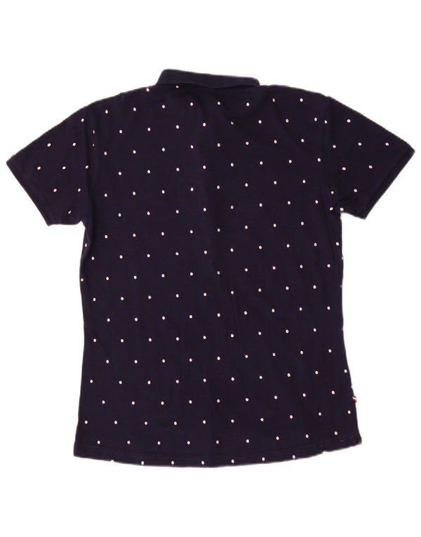 Vintage Womens Polo Shirt UK 12 Medium Navy Blue Spotted Cotton