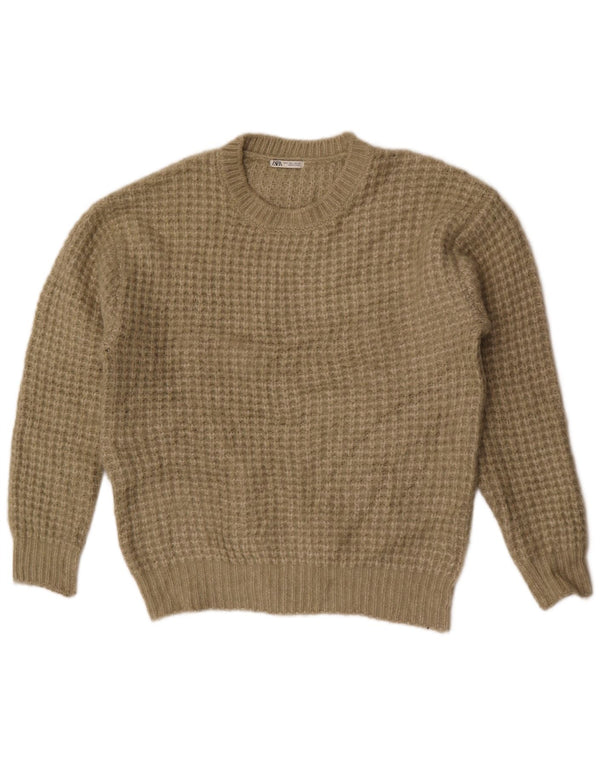 Zara Mens Crew Neck Jumper Sweater Large Khaki Polyester