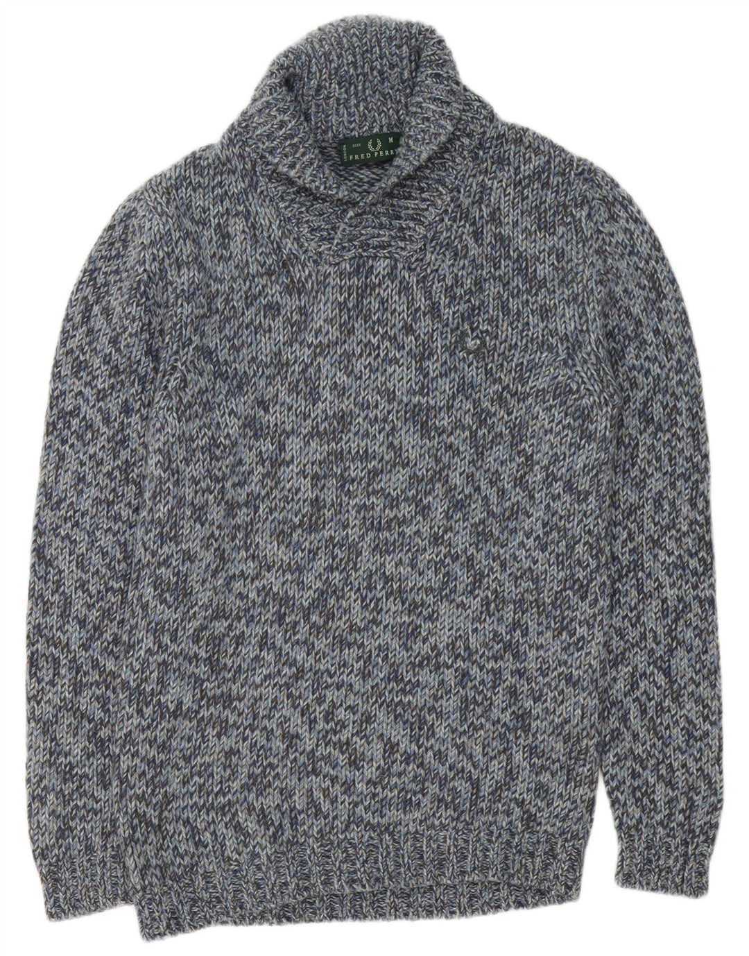 Fred Perry Herre Shawl Neck Jumper Sweater Medium Blue Flecked Wool