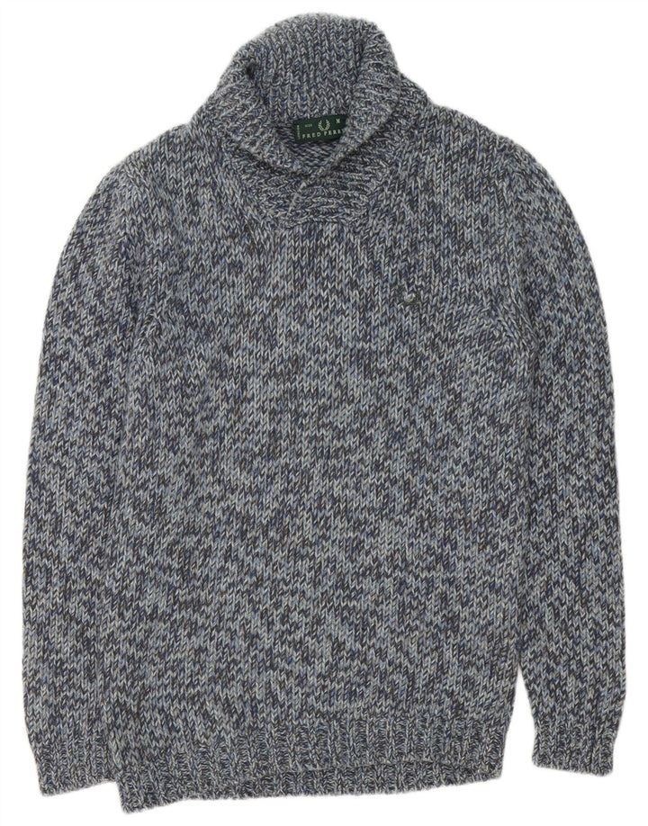 Fred Perry Herre Shawl Neck Jumper Sweater Medium Blue Flecked Wool