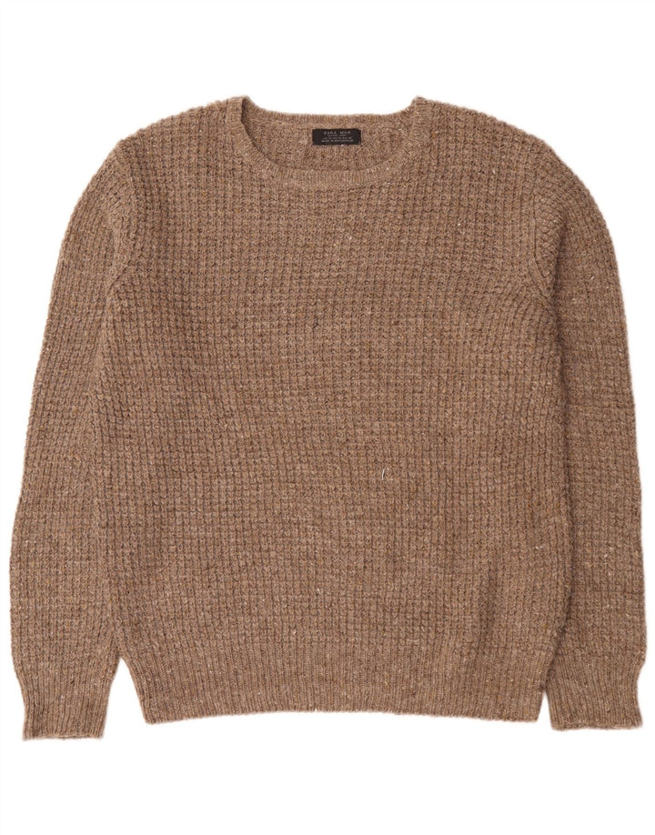 Zara Mens Crew Neck Jumper Sweater XL Brown Wool