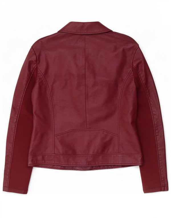 Marks & Spencer Womens Faux Leather Biker Jacket UK 14 Large Burgundy