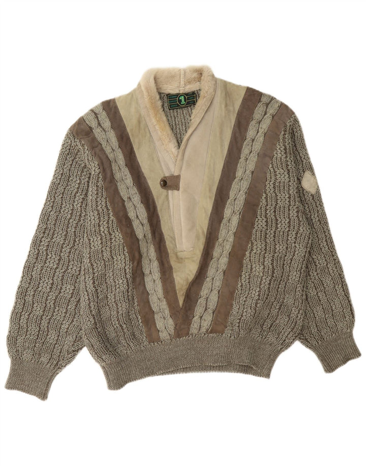 Vintage Mens Shawl Neck Jumper Sweater Large Grey Colourblock Wool
