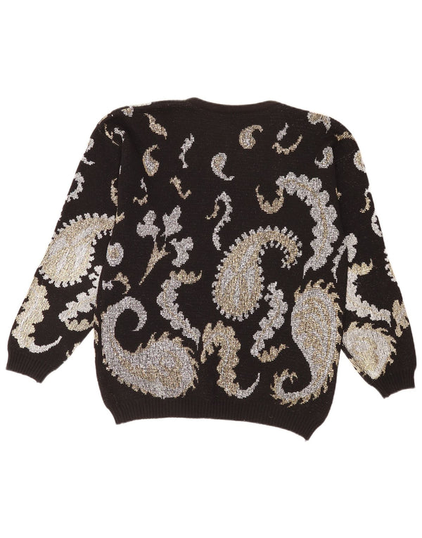 vintage Womens Boat Neck Jumper Sweater UK 14 Grand Noir Paisley Rétro