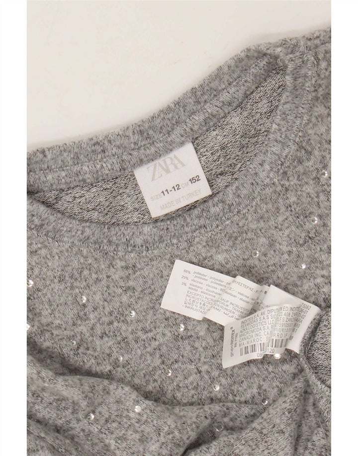 Zara Girls Crew Neck Jumper Sweater 11-12 Years Grey Polyester