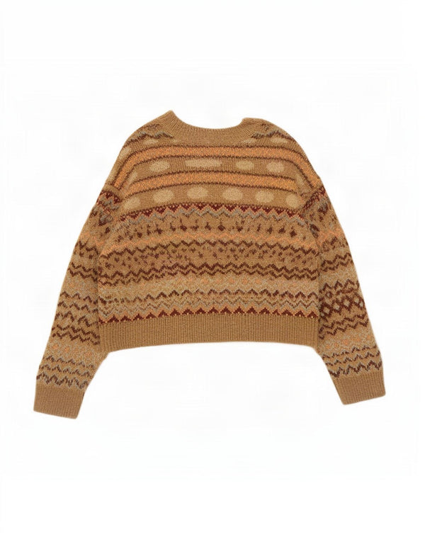 Maglione corto con scollo a V da donna Zara UK 14 Beige medio Fair Isle