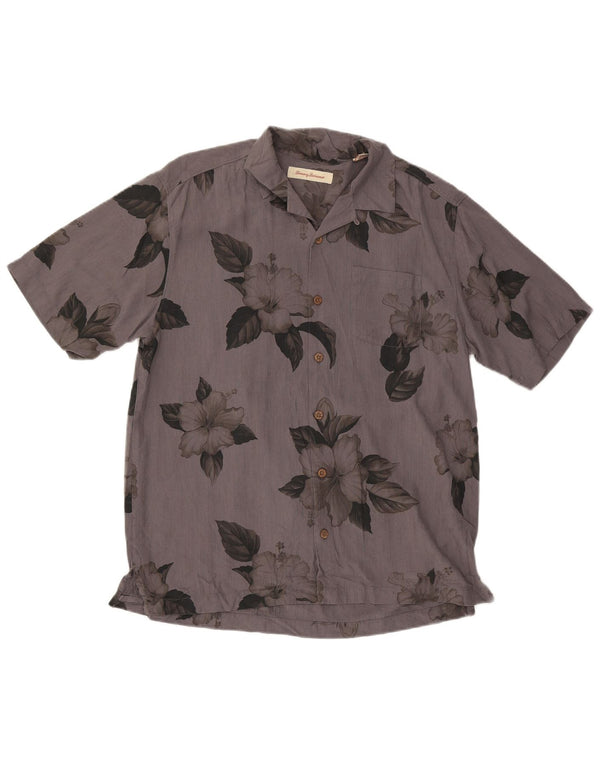 Tommy Bahama Mens Short Sleeve Shirt Medium Grey Floral Silk