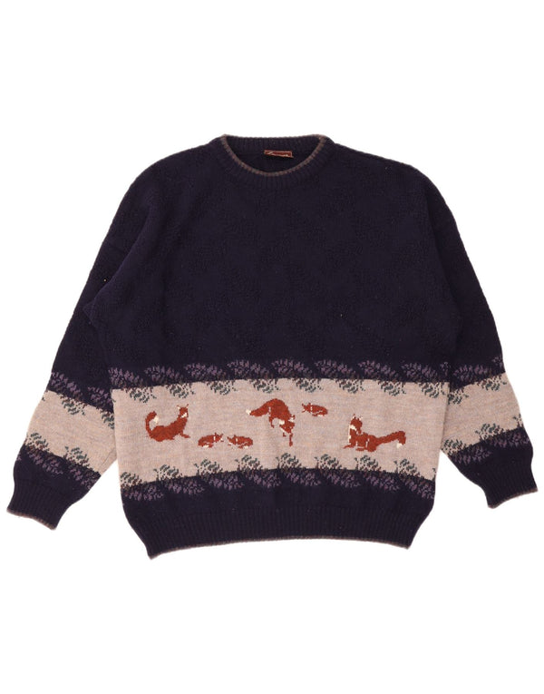 vintage Mens Graphic Crew Neck Jumper Pull XL Violet Colourblock Laine