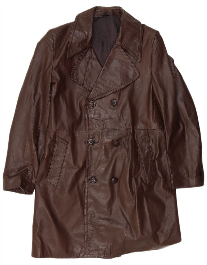 Cappotto in pelle doppiopetto vintage da uomo UK 36 piccolo marrone