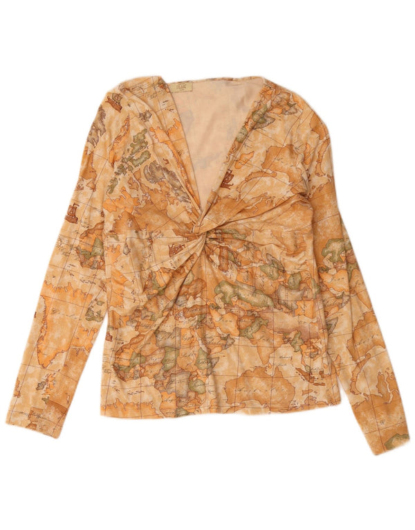 ALVIERO MARTINI Top grafico da donna manica lunga UK 16 grande cotone beige