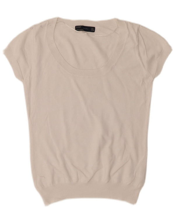 Zara Womens Short Sleeve Boat Neck Jumper Sweater UK 14 Large White Cotton