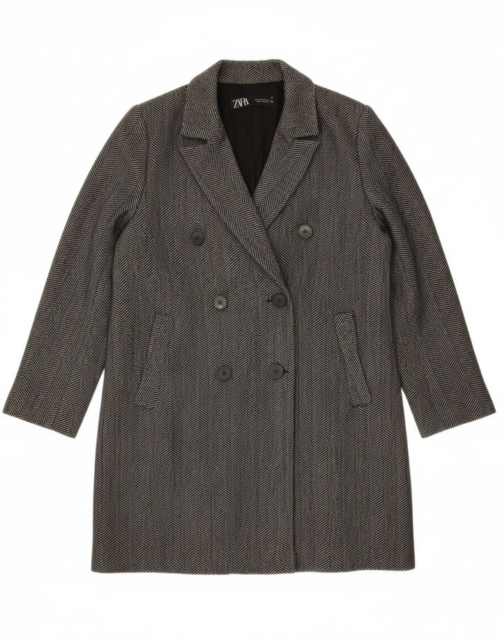 ZARA Womens Double Breasted Coat UK 14 Medium Grey Herringbone Cotton Vintage Zara and Second-Hand Zara from Messina Hembry 