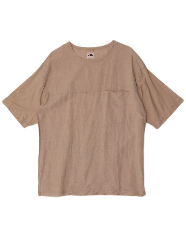 Zara Mens T-Shirt Top Large Beige Cotton