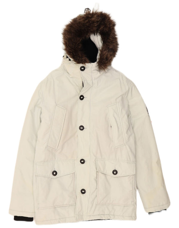 Superdry Mens Hooded Parka Jacket UK 36 Small White Polyester