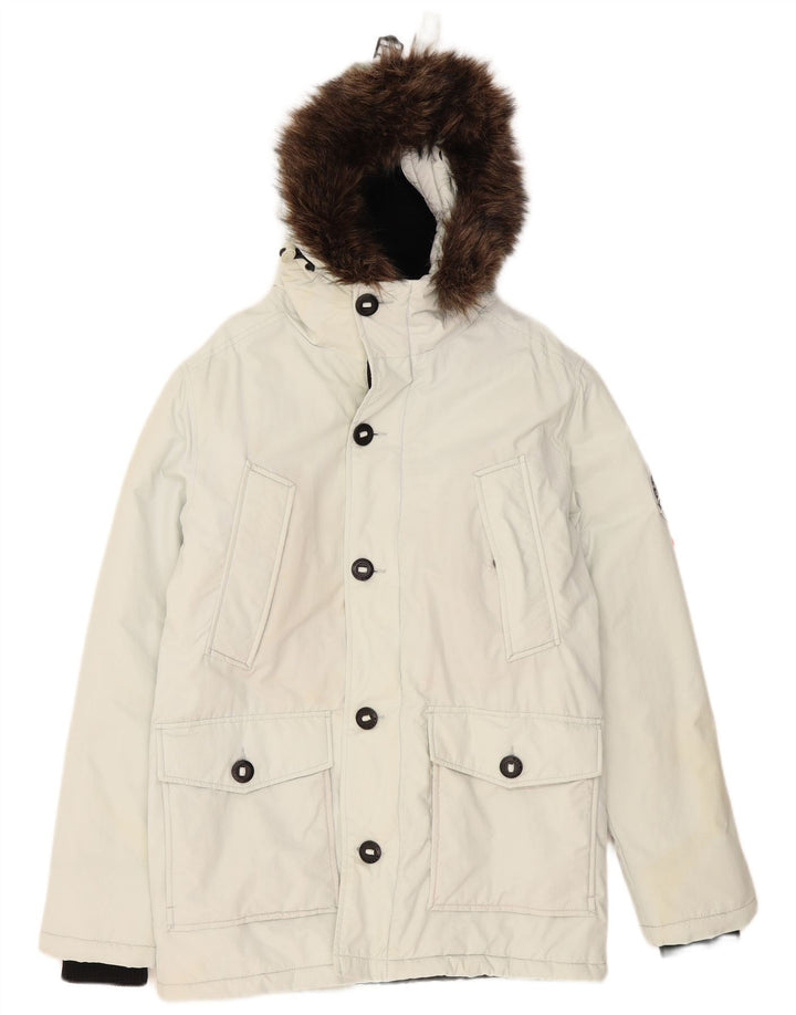 Superdry Mens Hooded Parka Jacket UK 36 Small White Polyester