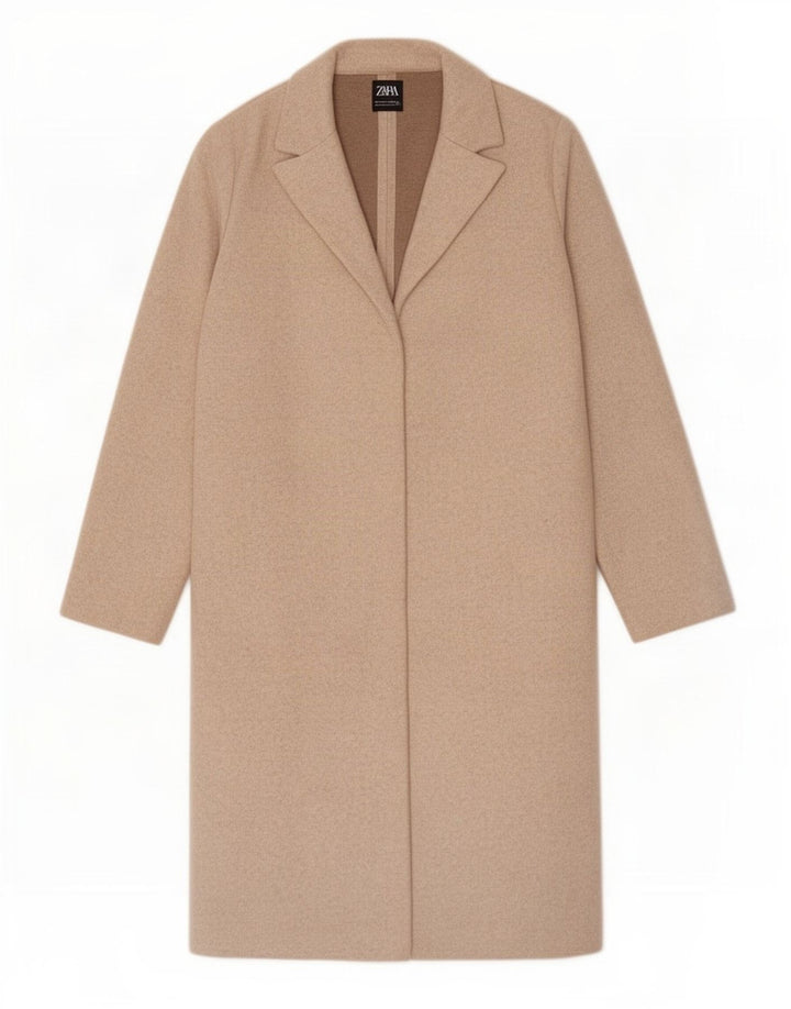 Zara Mujer Abrigo Abierto UK 46 Grande Poliéster Beige
