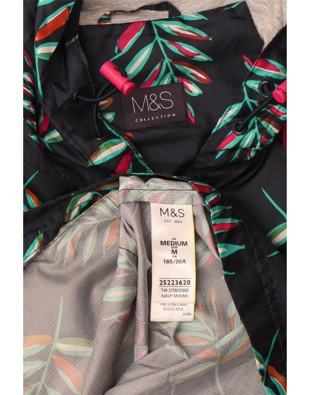 MARKS & SPENCER Womens Hooded Parka Jacket UK 14 Medium Navy Blue Floral