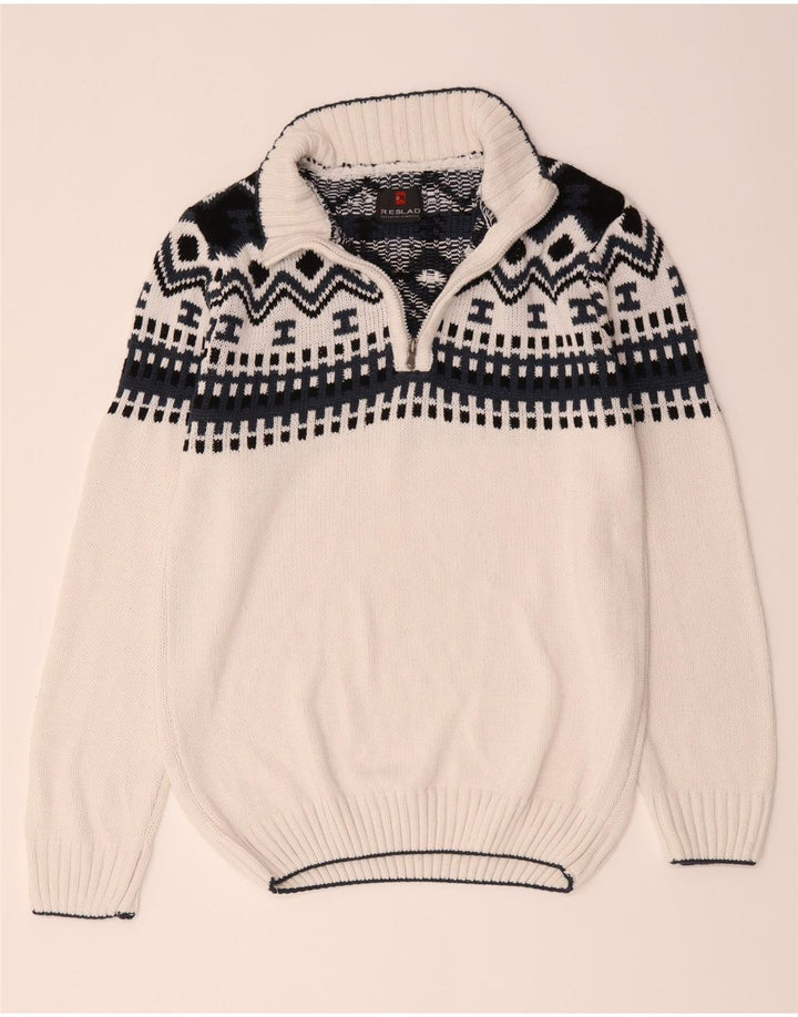 vintage Mens Zip Neck Jumper Pull Grand Blanc Géométrique Polyacrylique