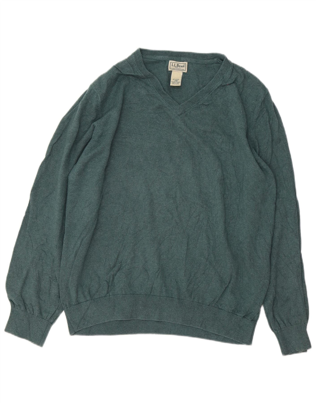 L.L.Bean Mens V-Neck Jumper Sweater Large Green Cotton