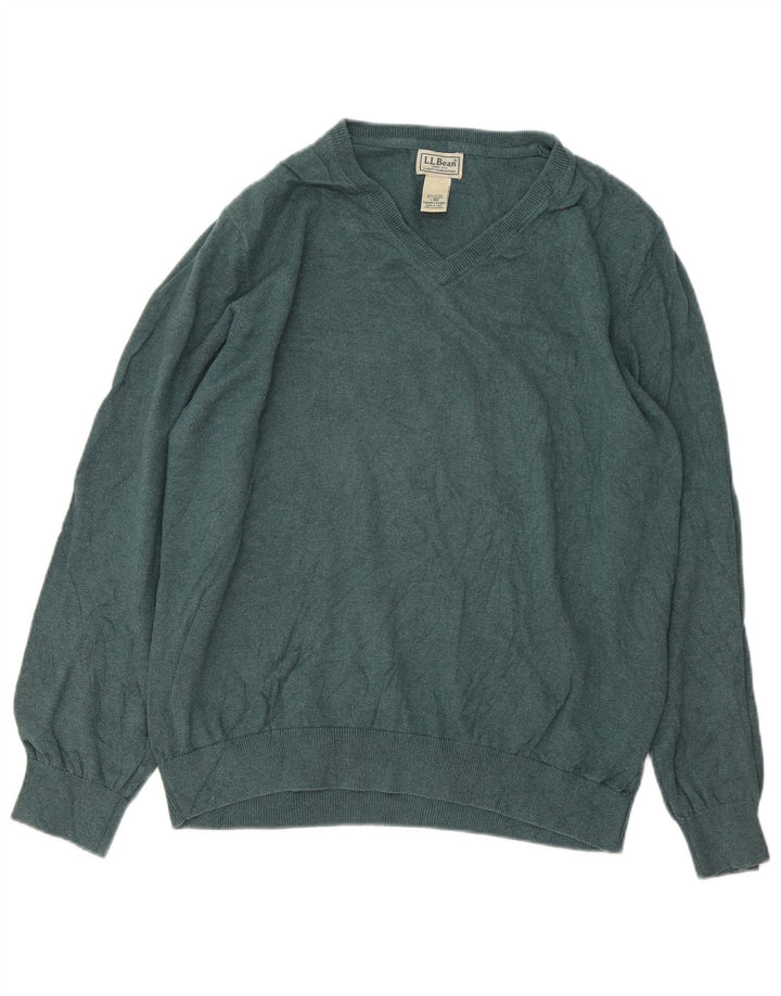 L.L.Bean Mens V-Neck Jumper Sweater Large Green Cotton