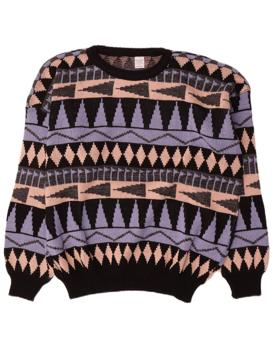 Vintage Mens Crew Neck Jumper Sweater Large Multicoloured Geometric Acrylic