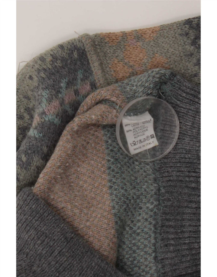 Vintage Mens Crew Neck Jumper Sweater Large Grey Fair Isle Wool