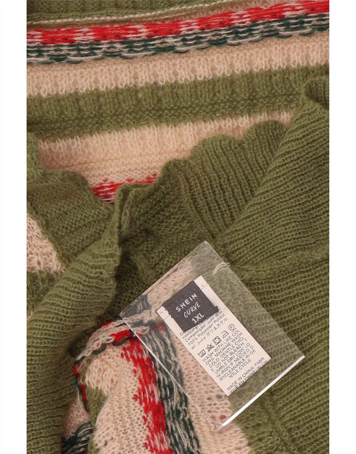 Shein Womens Oversized Cardigan Sweater UK 18 XL Green Striped Polyester