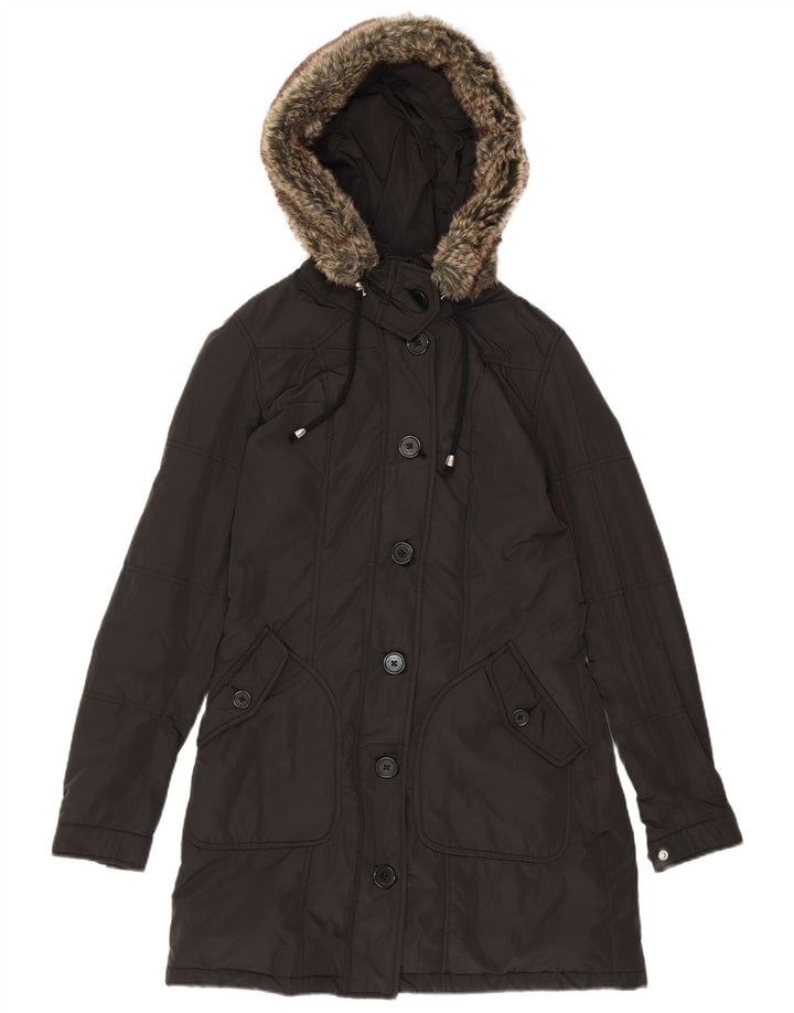 REFRIGUE Womens Hooded Parka Jacket UK 10 Small Black Polyester