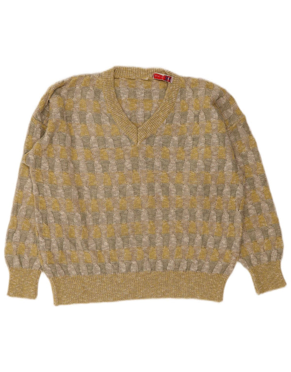Sweter damski w stylu vintage z dekoltem w szpic, UK 18 XL, żółty, geometryczny lniany