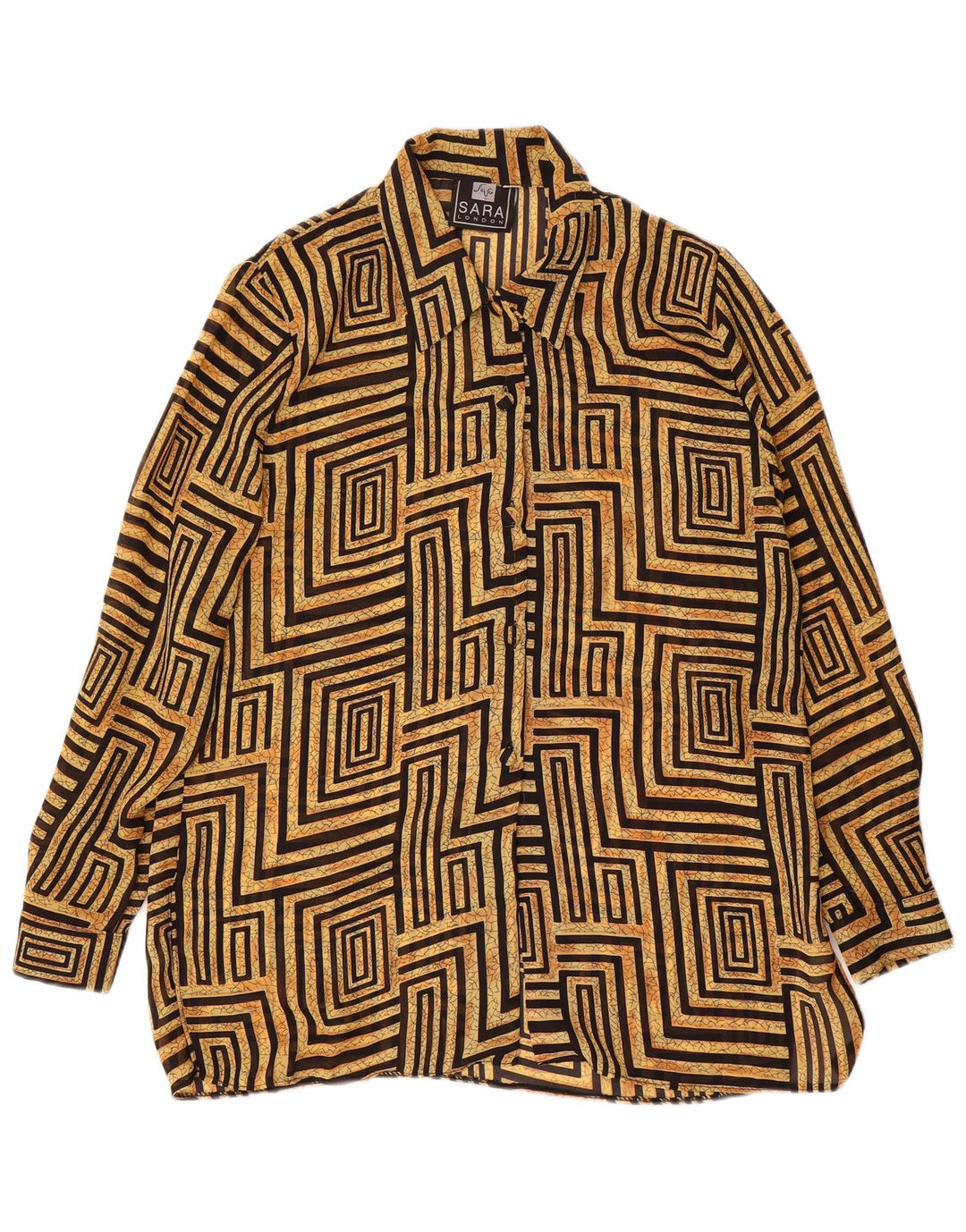 Camicetta camicia vintage da donna UK 14 Grande poliestere geometrico beige