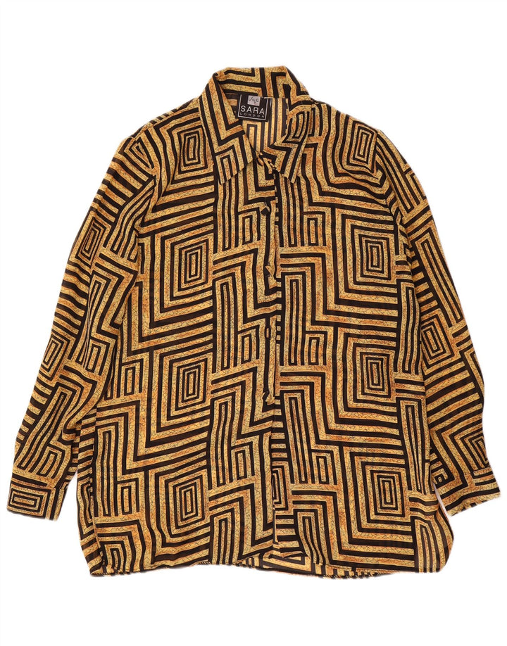 Camicetta camicia vintage da donna UK 14 Grande poliestere geometrico beige