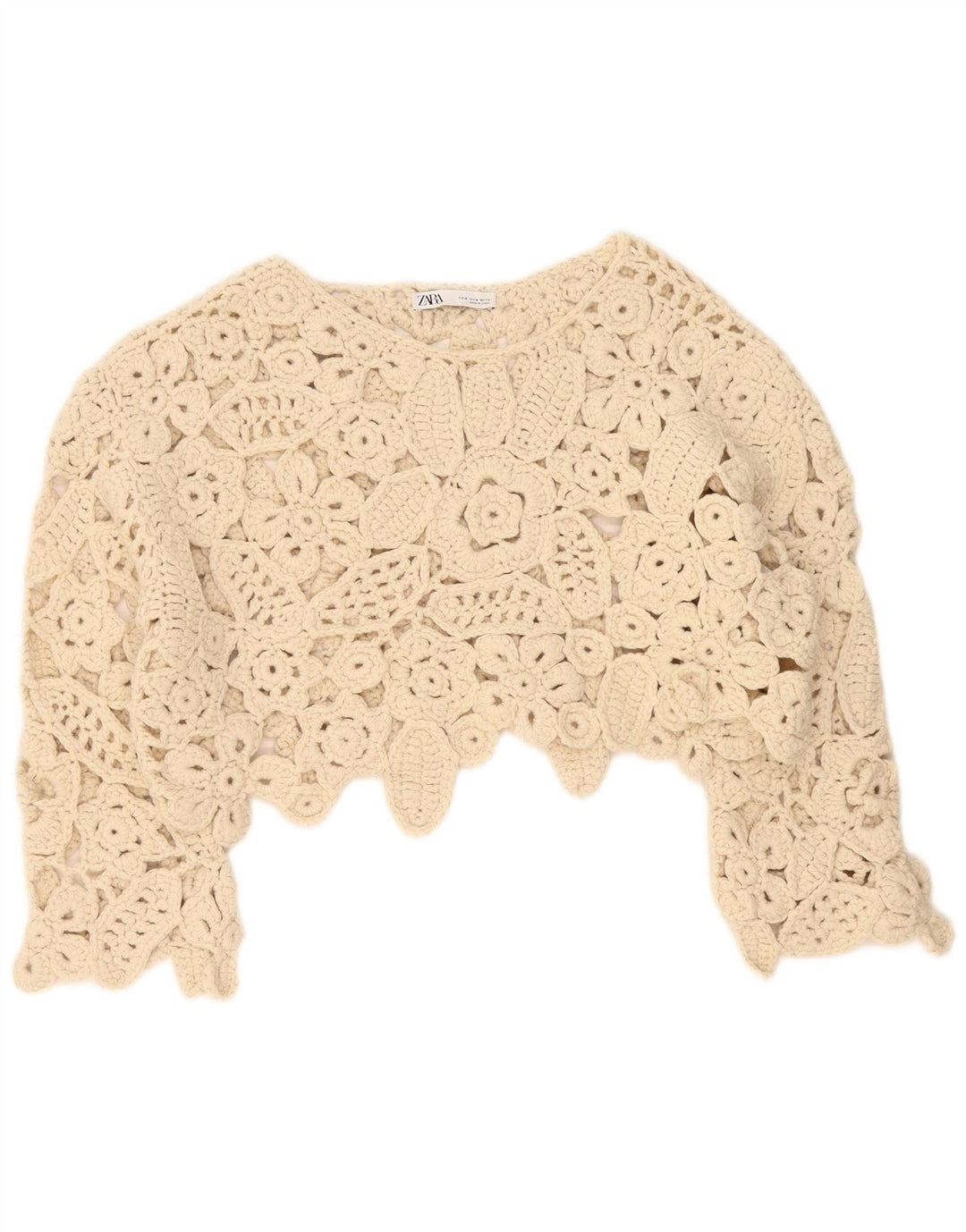 Zara Womens Oversized 3/4 Sleeve Crochet Blouse Top UK 14 Medium Beige