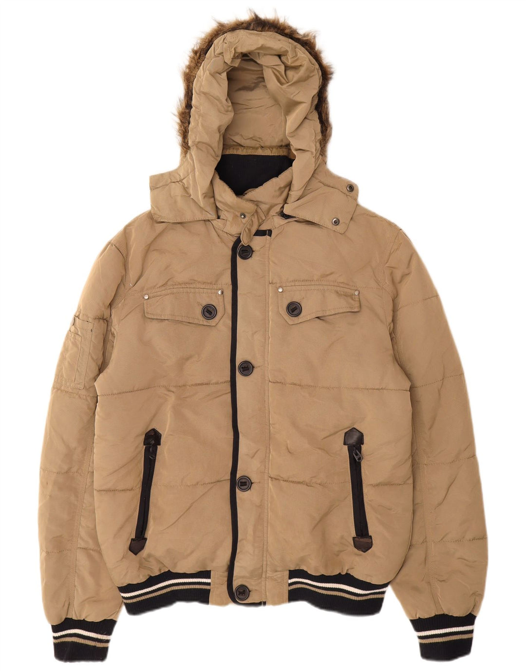Zara Mens Hooded Padded Jacket UK 40 Large Beige Nylon