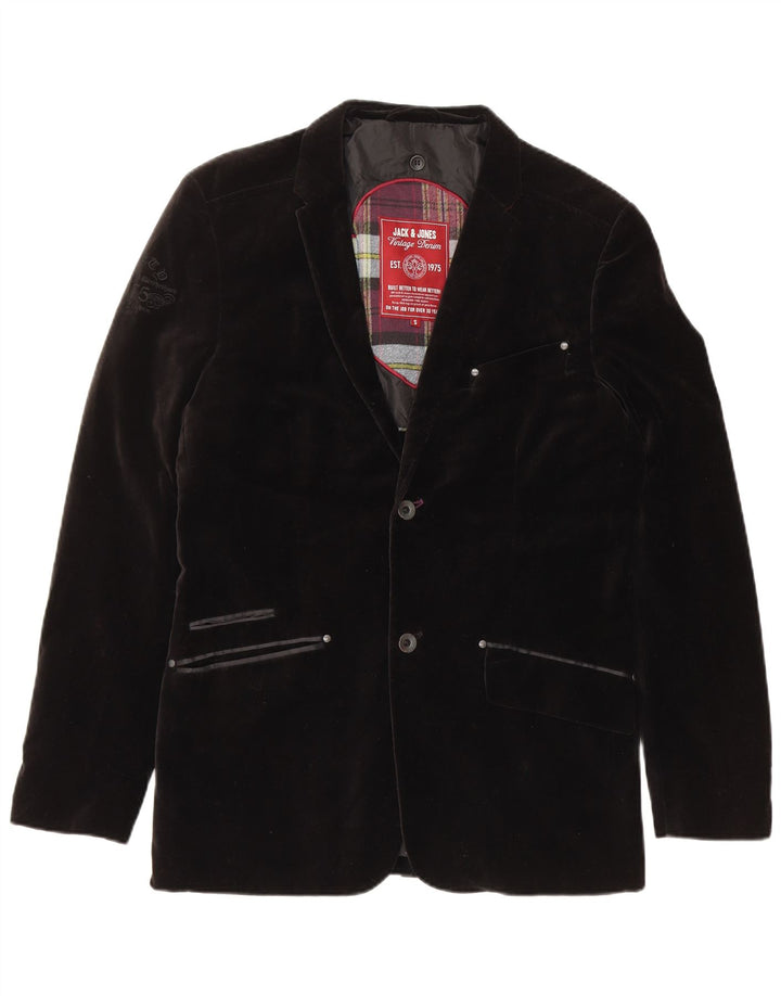 JACK & JONES Mens 2 Button Velvet Blazer Jacket UK 36 Small Black Cotton