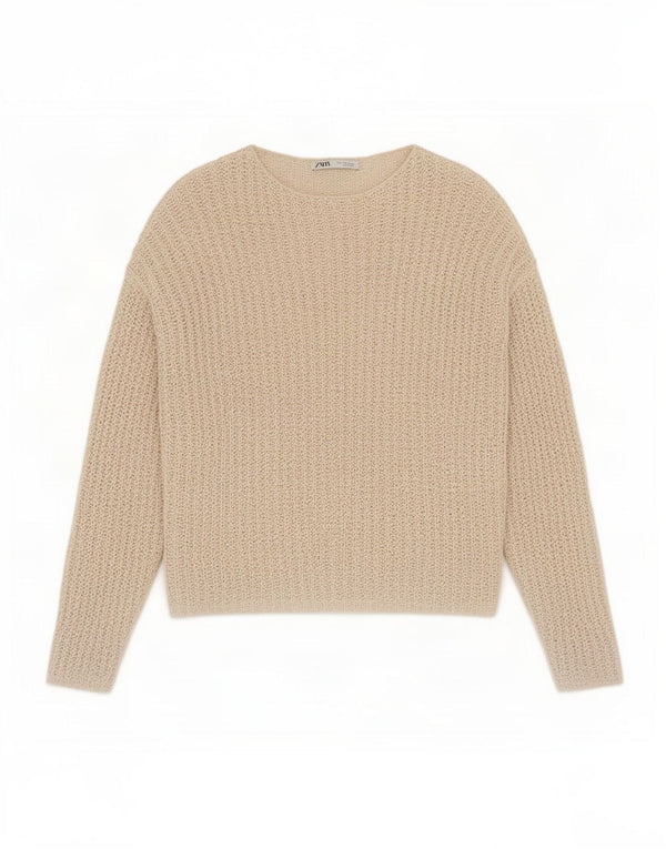 Maglione da donna Zara con scollo a barca all'uncinetto, maglione trasparente, UK 14, beige medio