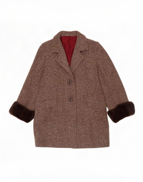 Soprabito vintage da donna UK 12 a spina di pesce marrone medio