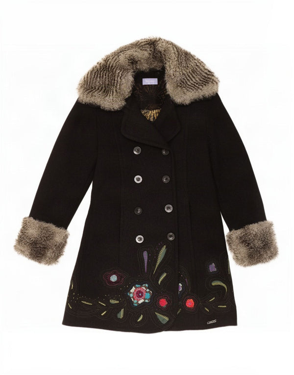 Desigual Womens Graphic Double Breasted Coat EU 42 Large Black Floral