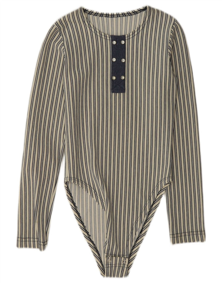 Vintage Womens Long Sleeve Bodysuit UK 8 Small Blue Striped