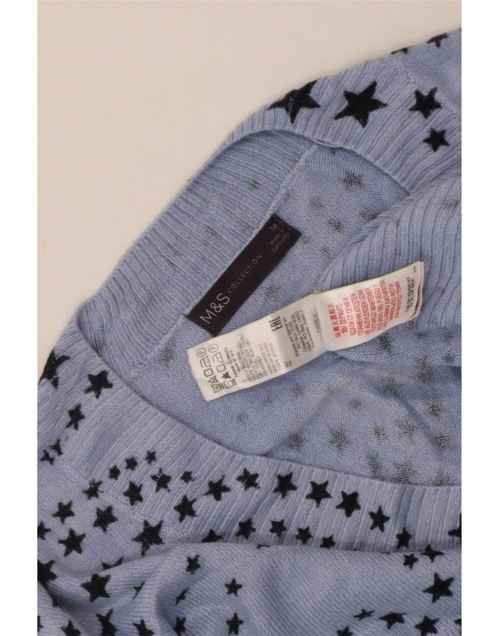 Marks & Spencer Womens V-Neck Jumper Sweater UK 14 Large Blue Geometric