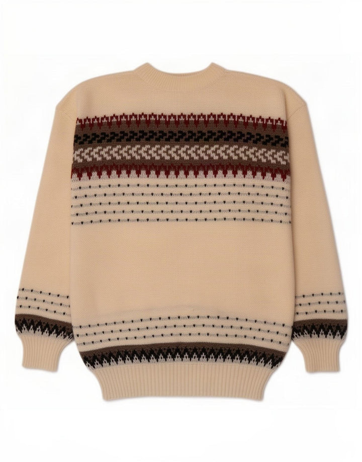 Vintage Mens Crew Neck Jumper Sweater Medium Beige Striped