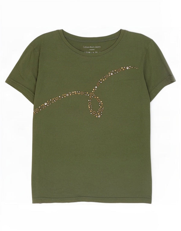 Calvin Klein Womens Crop Graphic T-Shirt Top UK 10 Small Green Cotton