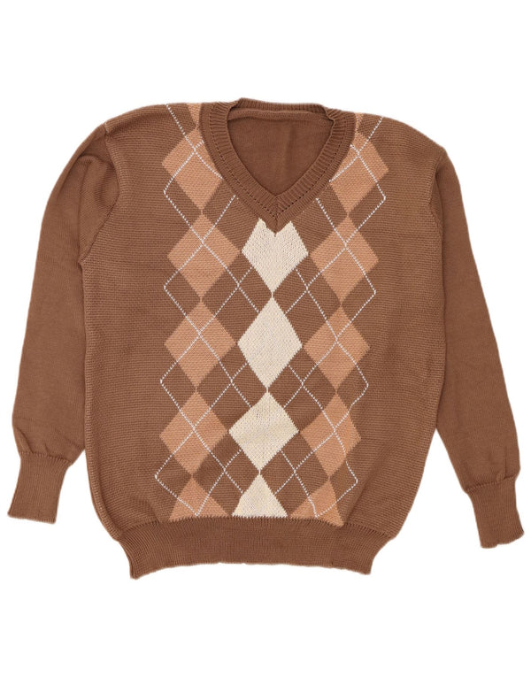 Vintage Womens V-Neck Jumper Sweater Large Brown Argyle/Diamond Polyester