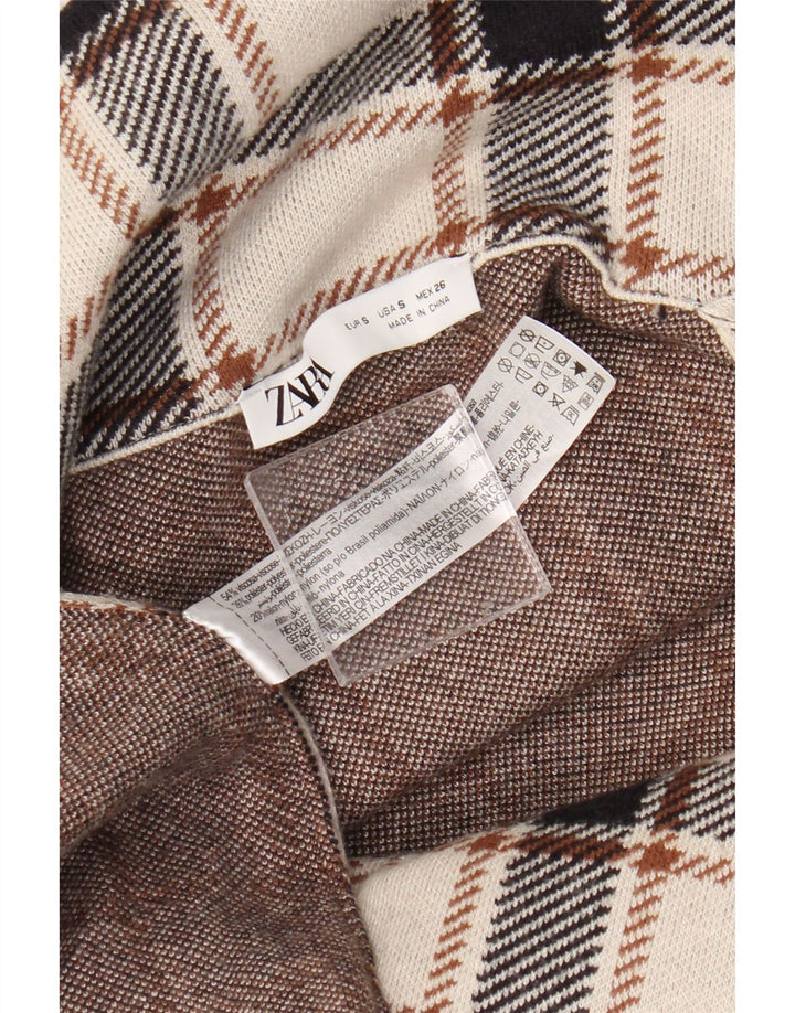 Zara Womens Double Breasted Coat UK 10 Small Beige Check Viscose