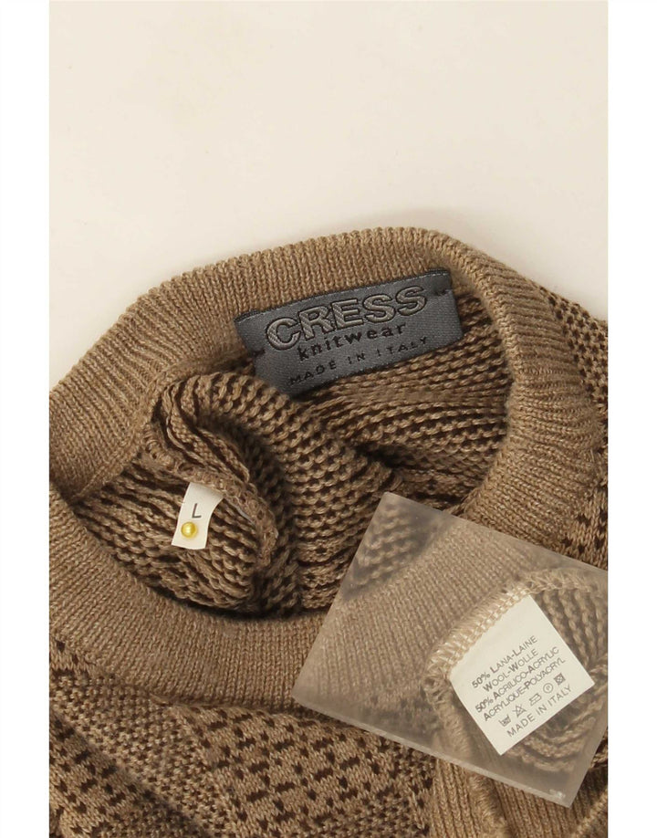 Vintage Mens Crew Neck Jumper Sweater Large Beige Geometric Wool