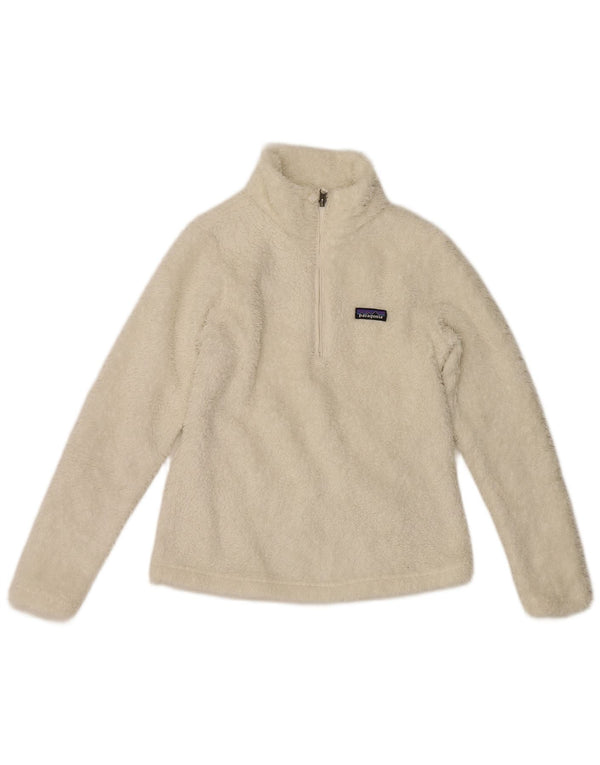 Suéter de lã feminino Patagonia com zíper e gola UK 10 pequeno poliéster branco